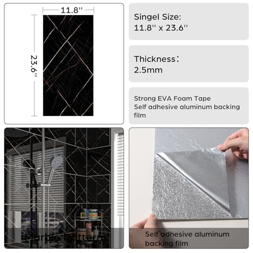 Marble Peel and Stick Backsplash 23.6 x11.8 in, 10PCS - color: Black-Striped Marble