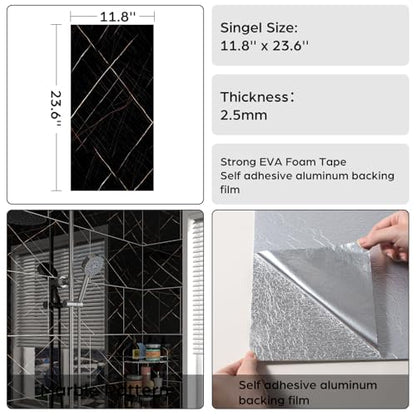 Marble Peel and Stick Backsplash 23.6 x11.8 in, 10PCS - color: Black-Striped Marble