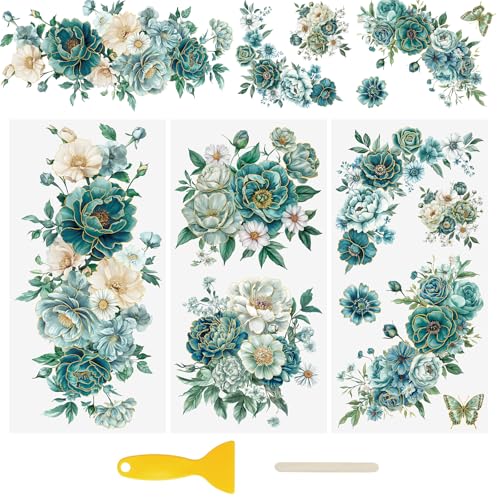 WANDIC 3 Sheets UV Rub on Transfer Stickers, Blue Green Hot Stamping Flowers Theme 3D Waterproof Decals for Cups Water Bottle Furniture, 15 * 30cm - color: Green Hot Stamping Flowers