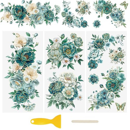 WANDIC 3 Sheets UV Rub on Transfer Stickers, Blue Green Hot Stamping Flowers Theme 3D Waterproof Decals for Cups Water Bottle Furniture, 15 * 30cm - color: Green Hot Stamping Flowers