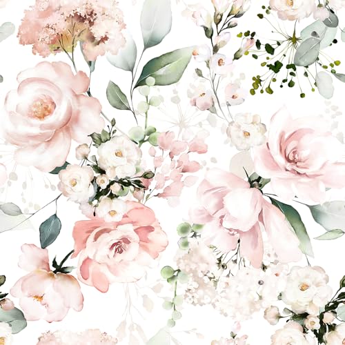 MuralPeel Neutral White/Pink/Green Romantic Rose Peony Peel and Stick Wallpaper Self Adhesive Removable Easy Peel Off Stick on Wall Paper for Bedroom Cabinet Renter - color: White Pink Rose, size: 17.7" x 236.2"