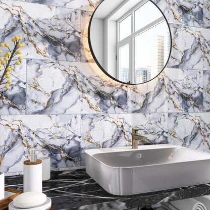 Marble Peel and Stick Backsplash 23.6 x11.8 in, 10PCS - color: Blue Stone Gilding
