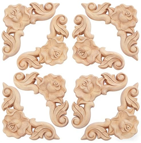 8PCS Unfinished Wood Rosettes Appliques Onlay Furniture Onlay Corner Decoration (Dia-6cm/2.36"), Unpainted Corner Carving Craft Decals for Home Chests Cabinet Cupboard Dresser Bed Wall Wardrobe