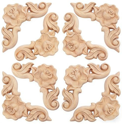 8PCS Unfinished Wood Rosettes Appliques Onlay Furniture Onlay Corner Decoration (Dia-6cm/2.36"), Unpainted Corner Carving Craft Decals for Home Chests Cabinet Cupboard Dresser Bed Wall Wardrobe