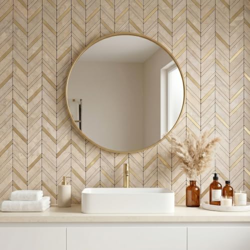 Yipscazo 10-Sheet Herringbone Peel and Stick Backsplash, Beige Stone Mixed Metal Gold PVC Stick on Tiles for Kitchen, Waterproof Self Adhesive Wall Tiles for Bathroom - color: Beige Stone