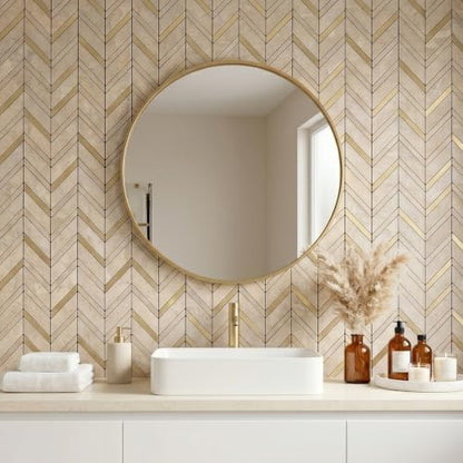Yipscazo 10-Sheet Herringbone Peel and Stick Backsplash, Beige Stone Mixed Metal Gold PVC Stick on Tiles for Kitchen, Waterproof Self Adhesive Wall Tiles for Bathroom - color: Beige Stone