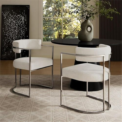 MAKLAINE Stainless Steel Chrome Dining Accent Chair, Silver Cream Upholstery, Curved Metal Frame, Padded Seat and Backrest, Adjustable Floor Glides, Modern Style, for Dining, Office, or Living Room - color: White