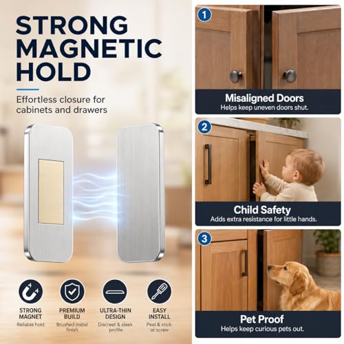 6 Pack Magnetic Cabinet Door Catch, Ultra Thin Adhesive Cabinet Magnets, No Drill Stainless Steel Magnetic Drawer Door Closure with Double-Sided Tape for Kitchen, Cupboard, Bathroom