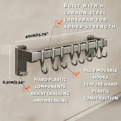 【No-Drill Adhesive for Kitchen】Utensil Rail with 8 Sliding Hooks – 11.8/15.75/19.69 Inch Rustproof Organizer for Pots, Lids & Tools, Scratch-Free Holder for Small Kitchens, Peel Off Without Damage - size: 15.75inch(40cm)