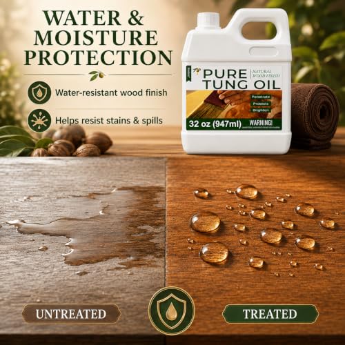32oz 100% Pure Tung Oil for Wood, Food-Safe Waterproof Tung Oil with Towel - size: 32 Fl OZ