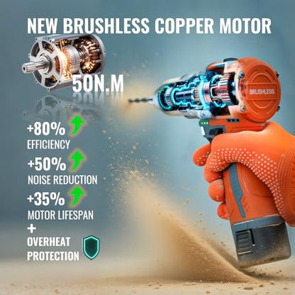 Brushless Cordless Drill Set, 16.8V 4-in-1 Electric Drill Driver with Impact Function, 50 N.m Power Drill Kit with 36 Accessories, 2 Batteries, Metal Chuck, 35 Torque Settings & Toolbox