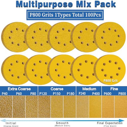 100Pcs Sanding Discs 5 Inch 8 Hole 800-Grit Hook and Loop Sandpaper Pads Orbital Sander Sandpaper Gold Sanding Disc for Woodworking Hardwood Automotive Finishing Discs-ALPXUXP - style: Aluminum Oxide