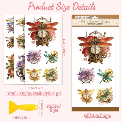 Peacoblue Dragonfly, Gear Clock Rub On Transfers for Furniture Craft 6"x12" - style: Dragonfly with Gear Clock