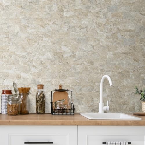 DICOFUN 1 Sheet Sandstone Peel and Stick Backsplash Wall Tiles, 12"x12" Thick PVC Subway Tile for Kitchen Backsplash - color: Gold Sandstone, size: 1 Sheet, 12"x12"x0.12"
