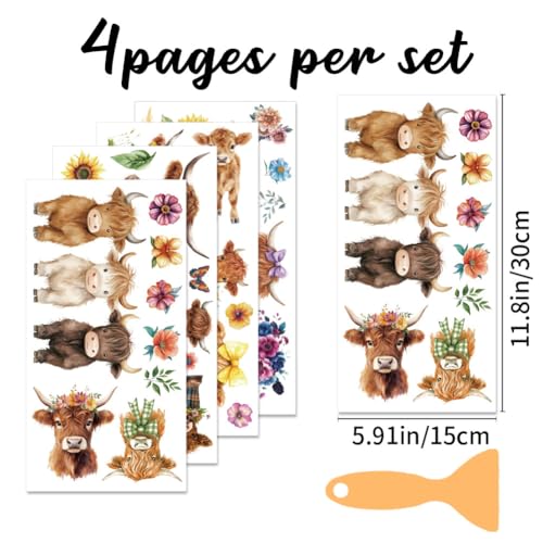 4 Sheets Highland Cow Rub on Transfers for Furniture Crafts 6x12 - color: Highland Cattle