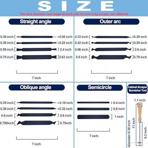 Cabinet Card Scrapers Set with Burnisher - 15 Shapes High-Strength Blue Spring Steel Woodworking Tools for Engraving, Deburring, Polishing & Contour Sanding - size: Set A+Rod