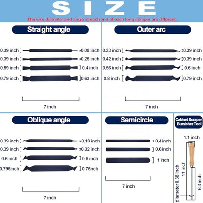 Cabinet Card Scrapers Set with Burnisher - 15 Shapes High-Strength Blue Spring Steel Woodworking Tools for Engraving, Deburring, Polishing & Contour Sanding - size: Set A+Rod