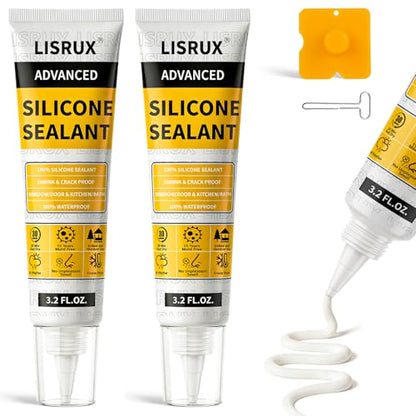 LISRUX Advanced White Silicone Caulk for Kitchen & Bathroom - 2 Pack (3.2 Fl Oz Each) | 100% Waterproof Silicone Sealant | Super Strong Adhesion, Shrink & Crack Proof - size: White-2P