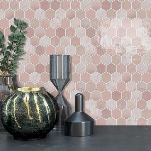 Alwayspon 10 Sheets 12" x12inch Pink Marble Hexagon Effect Vinyl Tiles, Backsplash, Self-Adhesive Peel and Stick Wall Tile Stickers, Stick on Subway Tiles for Kitchen Bathroom Wall Decor - color: Pink Marble