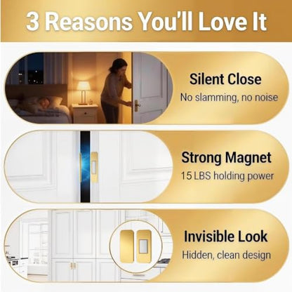 6 Pairs Gold Magnetic Cabinet Door Catch - No Drill Adhesive Kitchen Cupboard Magnets, Ultra-Thin Rustproof Gold-Plated Latches for Drawers, Closets & RV Storage