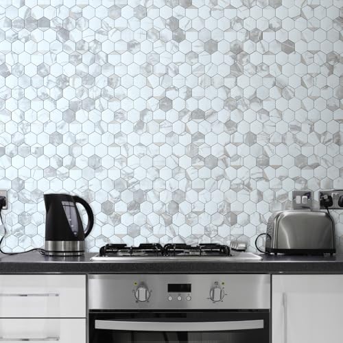 DICOFUN 1-Sheet White Hexagon Tile Peel and Stick Backsplash, Marble Look PVC Mixed Silver Metal Mosaic Tiles for Kitchen and Bathroom - color: White Marble + Silver Metal Chip, size: 1 Sheet, 12''x12''x0.12''