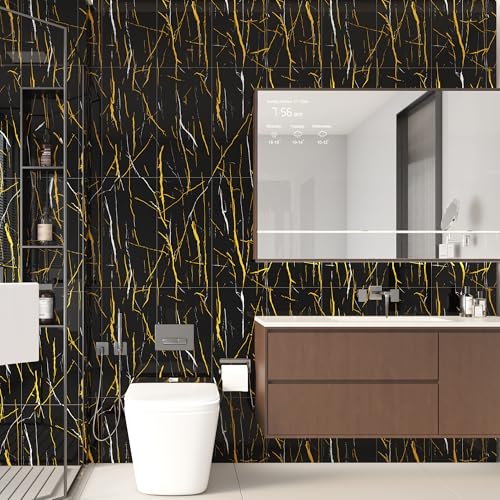 Haimin 3D Wall Panels Peel and Stick Marble Tile Look 10 Pack Waterproof - color: Black Gold-6018