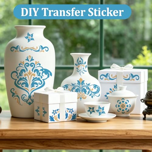 WANDIC 3 Sheets Rub On Transfer Stickers, Blue Pattern Waterproof Decals Furniture Craft Embellishments for DIY Scrapbooking Photo Albums,15 * 30cm - color: Blue Yellow Pattern