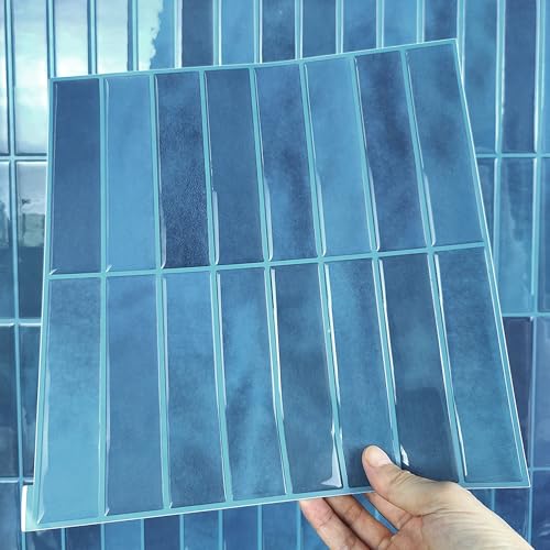 Alwayspon 10 Sheets 3D Peel and Stick PVC Backsplash Tiles, 10"x10" Self-Adhesive Wall Tile Stickers Stick on Subway Tiles for Kitchen Bathroom, Dark Blue - color: T80563