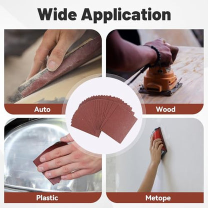 1/4 Sandpaper Sheet – 4-1/2” x 5-1/2”, P80 Grit, Red Aluminum Oxide, Plain Backing, 50-Pack – Sandpaper Sheets for Palm Sanders and Woodworking