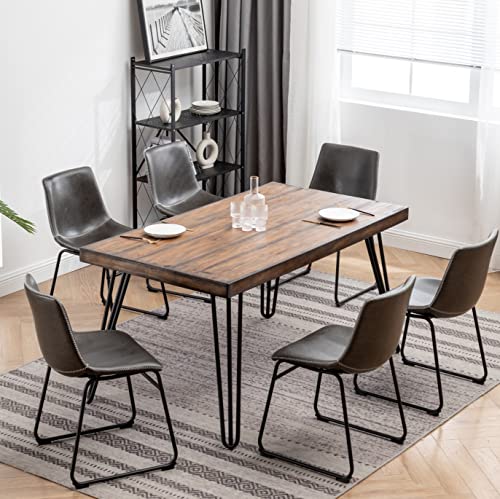 7-Piece Industrial Dining Set, 60 Inch Wood Table and 6 Chairs, Brown - color: Brown