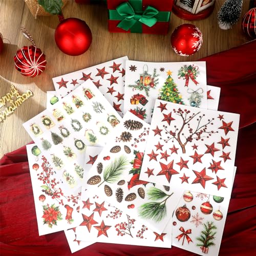 SATINIOR 16 Sheet Merry Christmas Rub on Transfer Sticker for Craft Xmas Tree Snowman Red Berry Poinsettia Star Gingerbread Rub on Decal for Furniture Scrapbook DIY Wood Fabric Envelope 5.9 x 5.9 Inch - style: Fresh Style