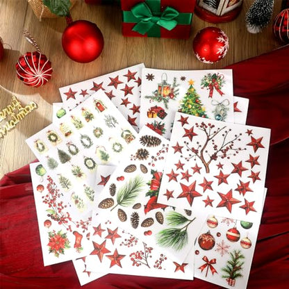 SATINIOR 16 Sheet Merry Christmas Rub on Transfer Sticker for Craft Xmas Tree Snowman Red Berry Poinsettia Star Gingerbread Rub on Decal for Furniture Scrapbook DIY Wood Fabric Envelope 5.9 x 5.9 Inch - style: Fresh Style