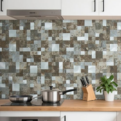 DICOFUN 12" x 12" Square Mosaic Peel and Stick Tile Backsplash, Mixed Metal Silver Stick on Wall Kitchen and Bathroom Tiles, Stick on Backsplash for Stove (10, Beige & Brown Slate) - color: Beige and Brown Slate, size: 10 Sheets, 12"x12"x0.12"
