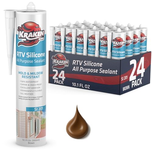Kraken Bond RTV Silicone Sealant Brown (24 x 10.1 fl.oz.)%100 Waterproof Silicone Caulk Kitchen and Bathroom, All Purpose, Window Caulking Sealant Outdoor, RV, 24 Pack - color: Brown, size: 24 Pack