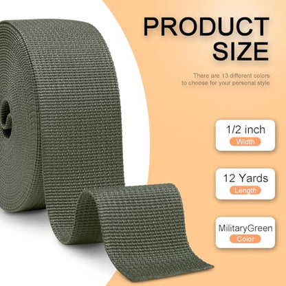 CooBigo 12 Yards Webbing 3/4" & 1" & 1.5" & 2" Polypropylene Webbing Strap 3/4 Inch 1 Inch 1.5 Inch 2 Inch Wide Webbing Strapping for Bags/Lawn Chair/Pool Solar Cover DIY Crafting - color: MilitaryGreen, size: 1.5"- 12 Yards