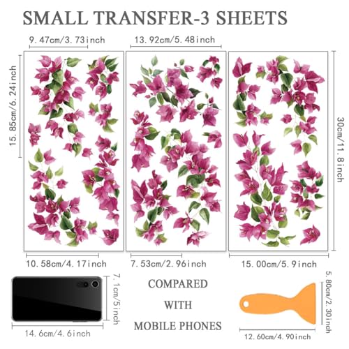OLYCRAFT 3Pcs Plum Blossom Rub on Transfers for Furniture and Crafts 6x12 Inch Bougainvillea Furniture Decals Decor Pink Flower Transfer Stickers with 1pc Scraper for Glass Cups Cabinets Decor - style: Bougainvillea