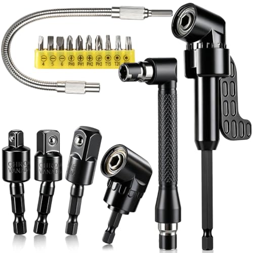 17Pcs Flexible Drill Bit Extension kit,Include 3Pcs Rotatable Socket Adapter,2Pcs Hex Shank 105° Right Angle Drill Attachment 10 Short Screwdriver Bits 90° Angled Bits & Bendable Drill Bit Extension