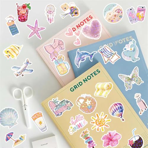 50PCS Holographic Summer Beach Stickers, Waterproof Vinyl Aesthetic Tropical Decals for Scrapbooking, Journaling, Water Bottles, Laptops, Envelopes, Pastel Vacation & Ocean Stickers for Teens - color: Holographic Summer Beach-5