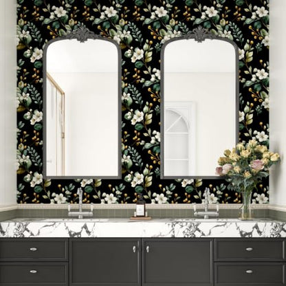 Black Green Dark Moody Floral Peel and Stick Wallpaper 17.5" x 118" - color: Black/Green/White, size: 17.5" x 118"