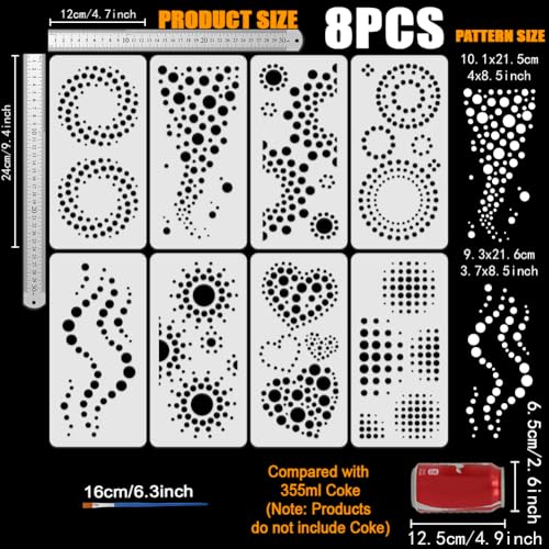 FINGERINSPIRE 8PCS Geometric Circle Stencils 4.7x9.4inch with a Brush Dot Bubble Stencils Sun Hearts Pattern Drawing Template Reusable PET Plastic Painting Stencil for Wood Wall Home Decor DIY Project - style: Geometric Circle