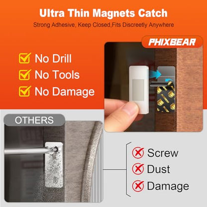 Phixbear 6 Pairs Ultra Thin No Drill Magnetic Cabinet Door Catch with Strong Adhesive, Stainless Steel Cabinet Catches for Kitchen, Bathroom, Closet, RV Doors