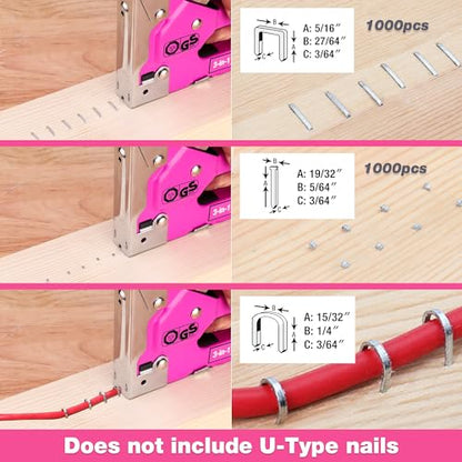 ValueMax Staple Gun, Heavy Duty 3-in-1 Manual Nail Gun with 2000 Staples, Remover, Upholstery Stapler for Wood, Furniture, Carpet, Carpentry, DIY, Wire, Decoration, Craft, Fixing Material, Decoration - style: Purple Red & 2000 Staples