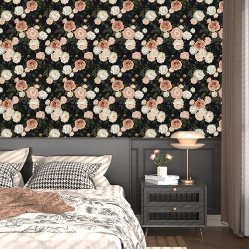 Laatse Dark Floral Rose Peel and Stick Wallpaper 17.5" x 118",Black/White - color: Pink&White, size: 118" x 17.5"