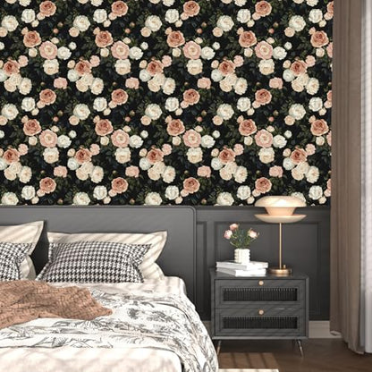 Laatse Dark Floral Rose Peel and Stick Wallpaper 17.5" x 118",Black/White - color: Pink&White, size: 118" x 17.5"