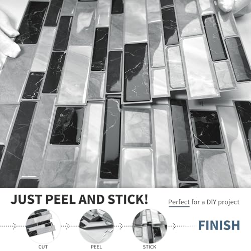DEWOO Kitchen Backsplash 3D Self Adhesive Peel and Stick Wall Tile 10 Sheet - color: Gray