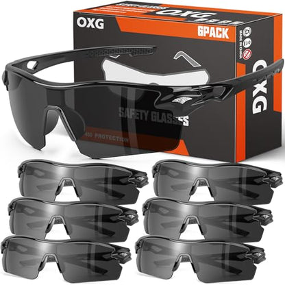 OXG 6 Pack Safety Glasses, Scratch Resistant Wraparound Lenses ANSI Z87.1 Protective Eyewear for Unisex - color: Grey