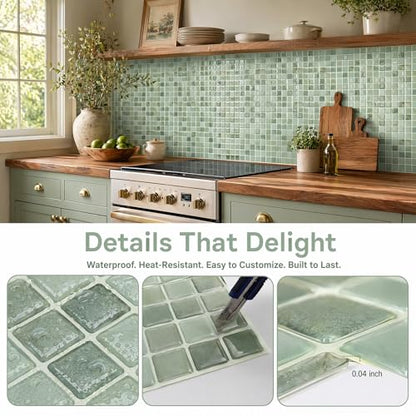 3D Mosaic Peel and Stick DIY Wall Backsplash Tiles (24, Sage Green) - color: Sage Green
