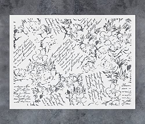 GSS Designs French Script Vintage Letter Stencils 12x16Inch French Romantic Poems and Flowers Stencils for Painting Walls Wood Furniture Crafts Floral Wall Stencils