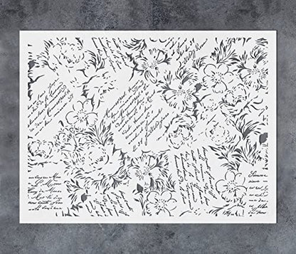 GSS Designs French Script Vintage Letter Stencils 12x16Inch French Romantic Poems and Flowers Stencils for Painting Walls Wood Furniture Crafts Floral Wall Stencils