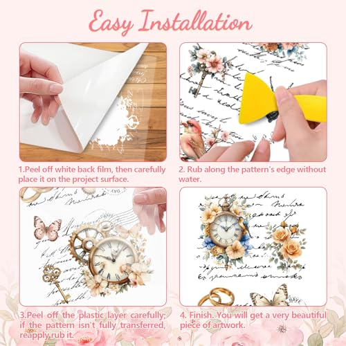 Peacoblue Clock Flowers Bird Rub On Transfers for Furniture Craft 6"x12" - style: Clock Flowers Bird